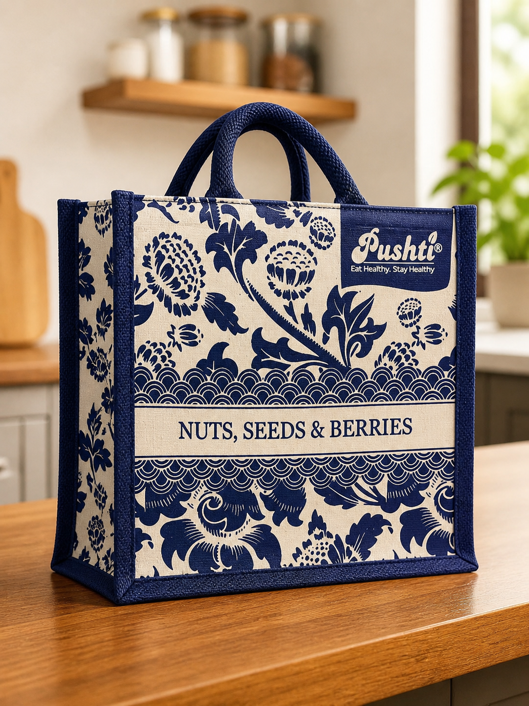 Navy Blue Jute Bag - Vintage Floral Series